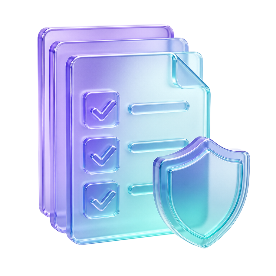 Glass 3D illustration of documents and a protection shield